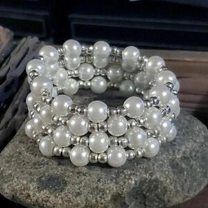 Hand Crafted Snow White Glass Pearl Silver Beads Wrap Bracelet